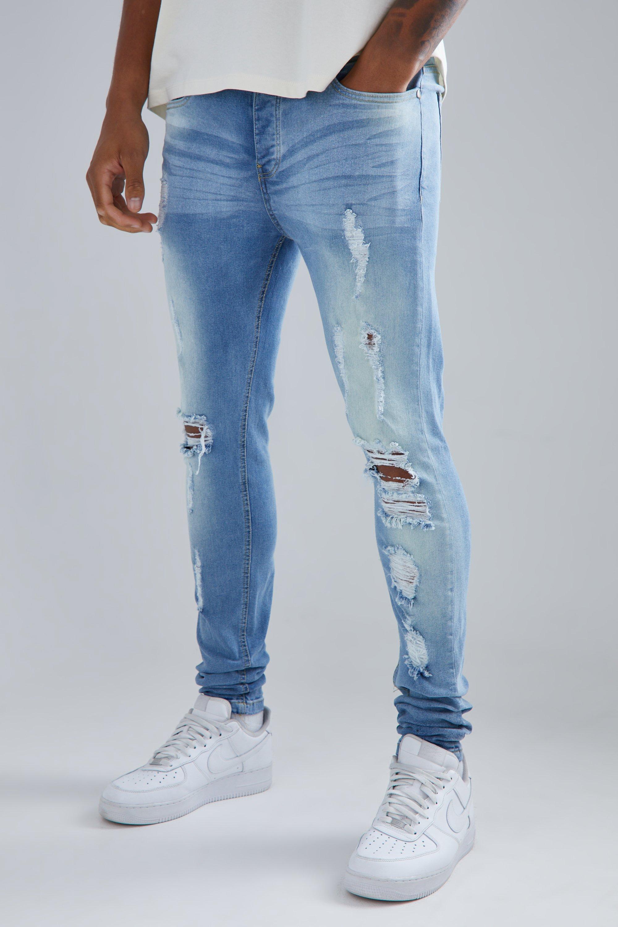 Tall Skinny Stretch All Over Rip & Repair Jeans | Boohoo UK